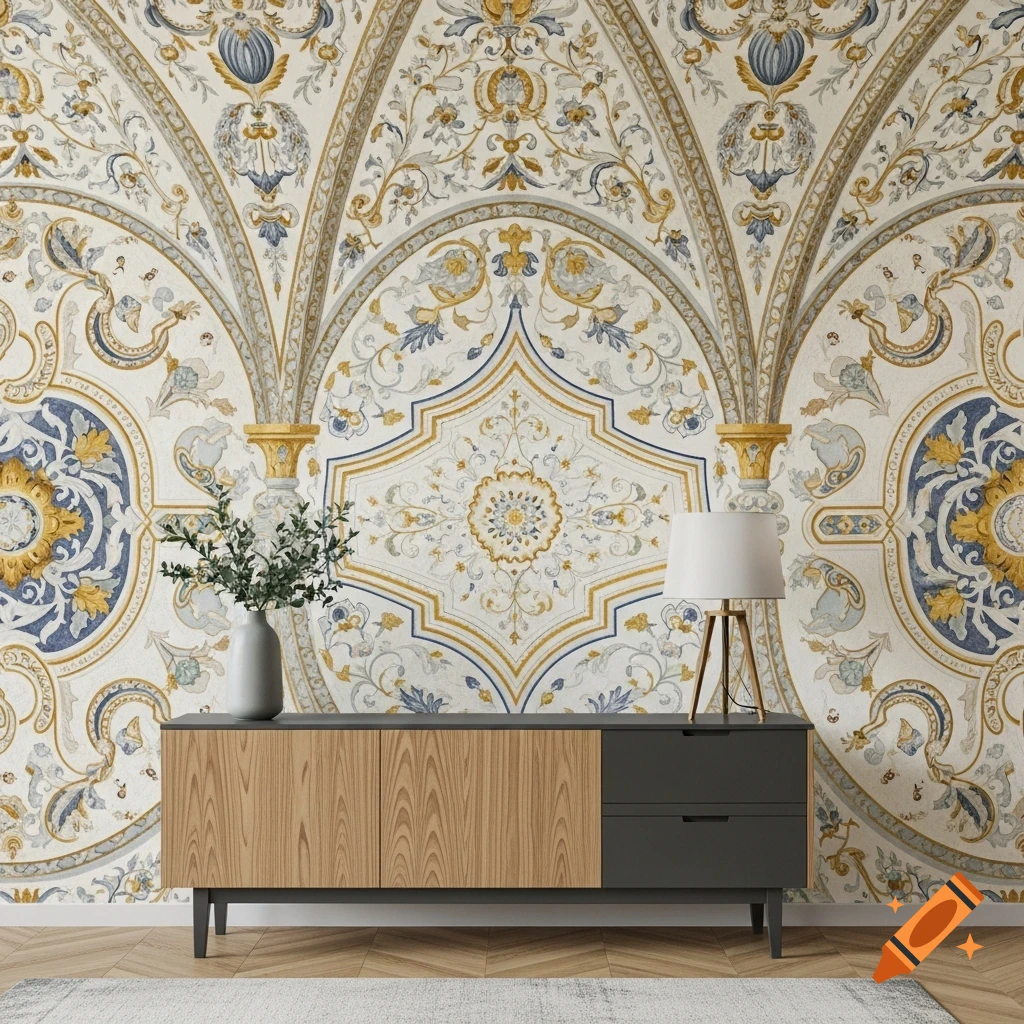 A modern console table with a plant and lamp against a wall with ornate gold and blue classical-style wallpaper.