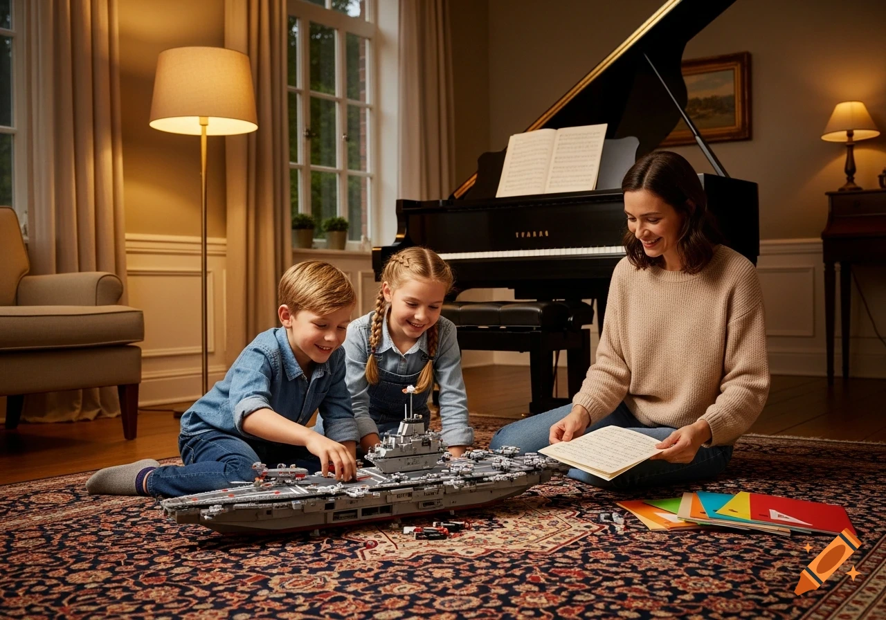 A mother and two children happily playing with a large toy aircraft carrier on a patterned rug in a cozy living room with a piano.
