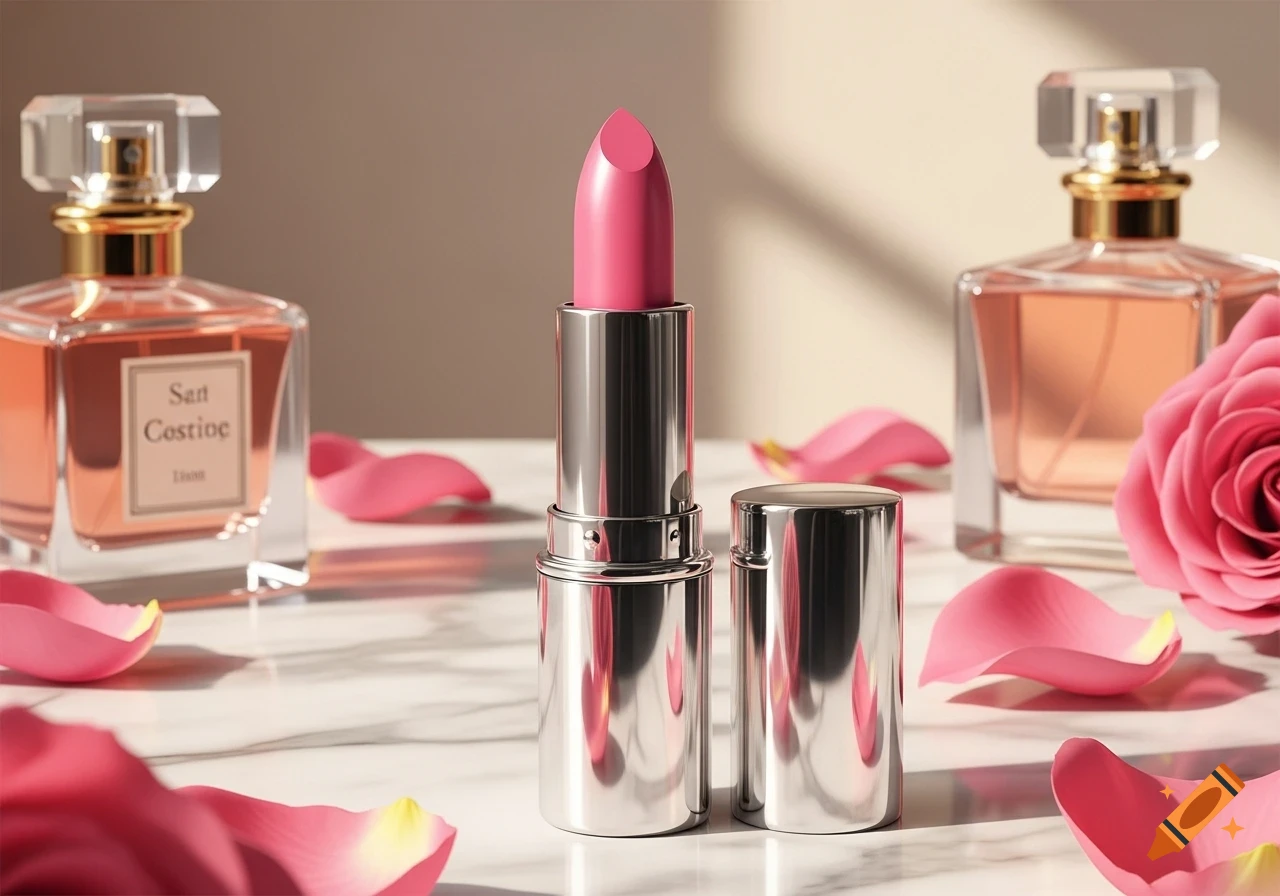 Pink lipstick in a silver tube, flanked by two perfume bottles and scattered pink rose petals on a marble surface, photorealistic.