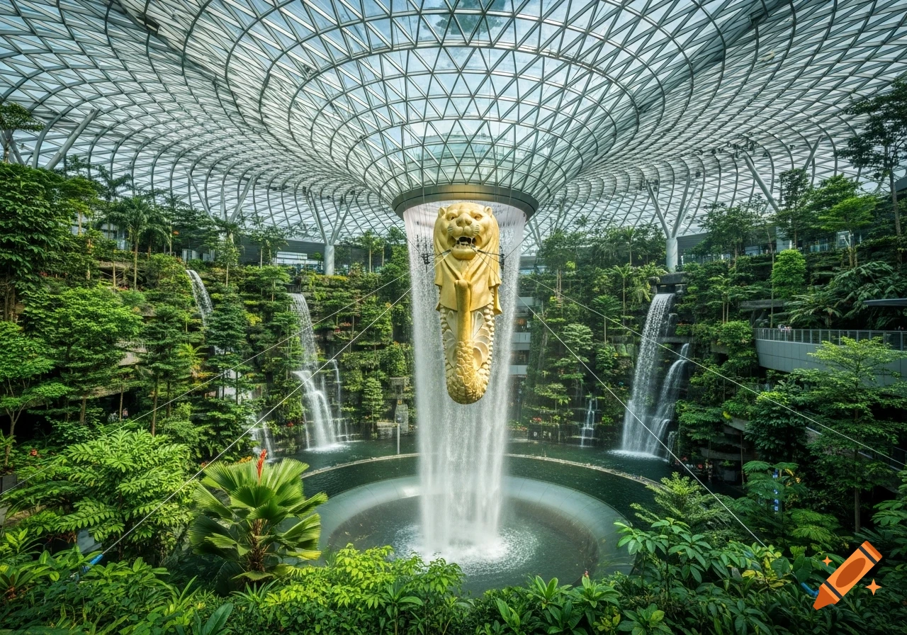 A giant golden Merlion statue is suspended over a central waterfall in a lush tropical indoor garden under a glass roof at Changi Airport.
