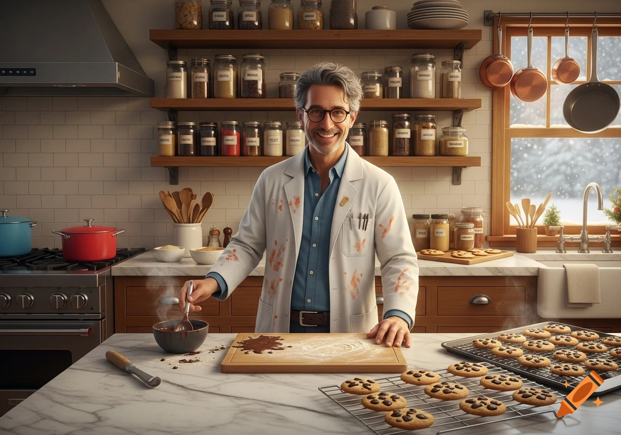A smiling scientist in a lab coat bakes chocolate chip cookies in a well-equipped kitchen with snowy window views.