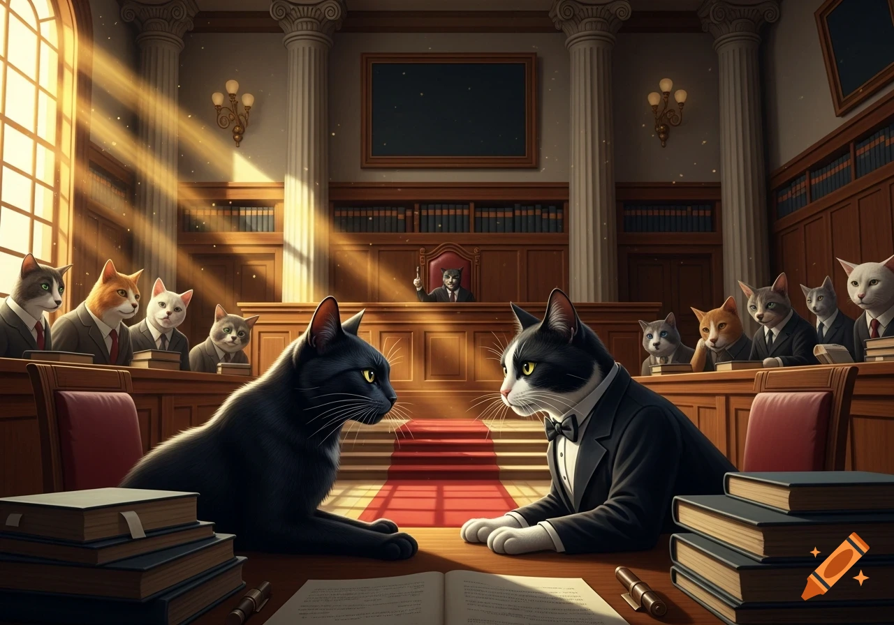 Anthropomorphic cats in a photorealistic courtroom. A black cat and a tuxedo cat face each other across a table, while a cat judge presides.