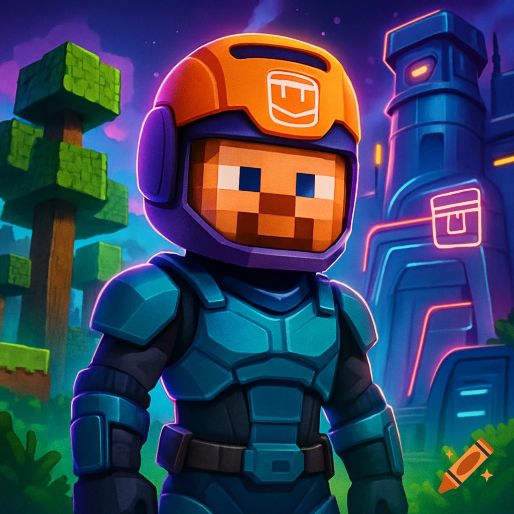 A stylized character with a pixelated face, blue armor, and an orange helmet with an emblem, standing in a blocky landscape with trees and a futuristic building.