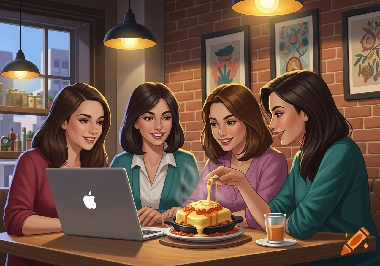 Four illustrated women in a cafe, one working on a laptop, and another stretching melted cheese from a francesinha.