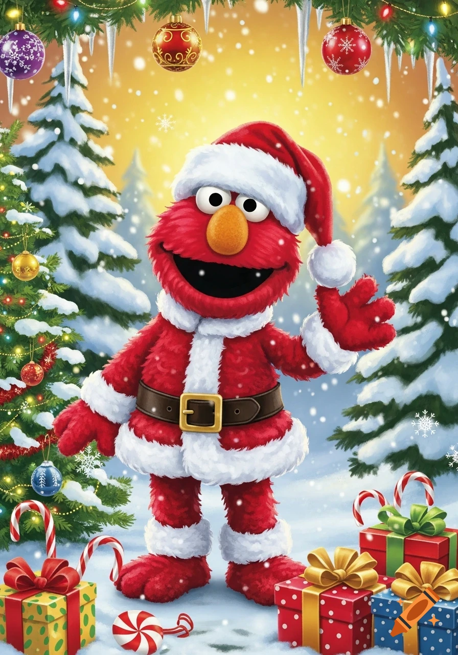 Elmo dressed as Santa Claus stands in a snowy forest with decorated Christmas trees, presents, and falling snow.