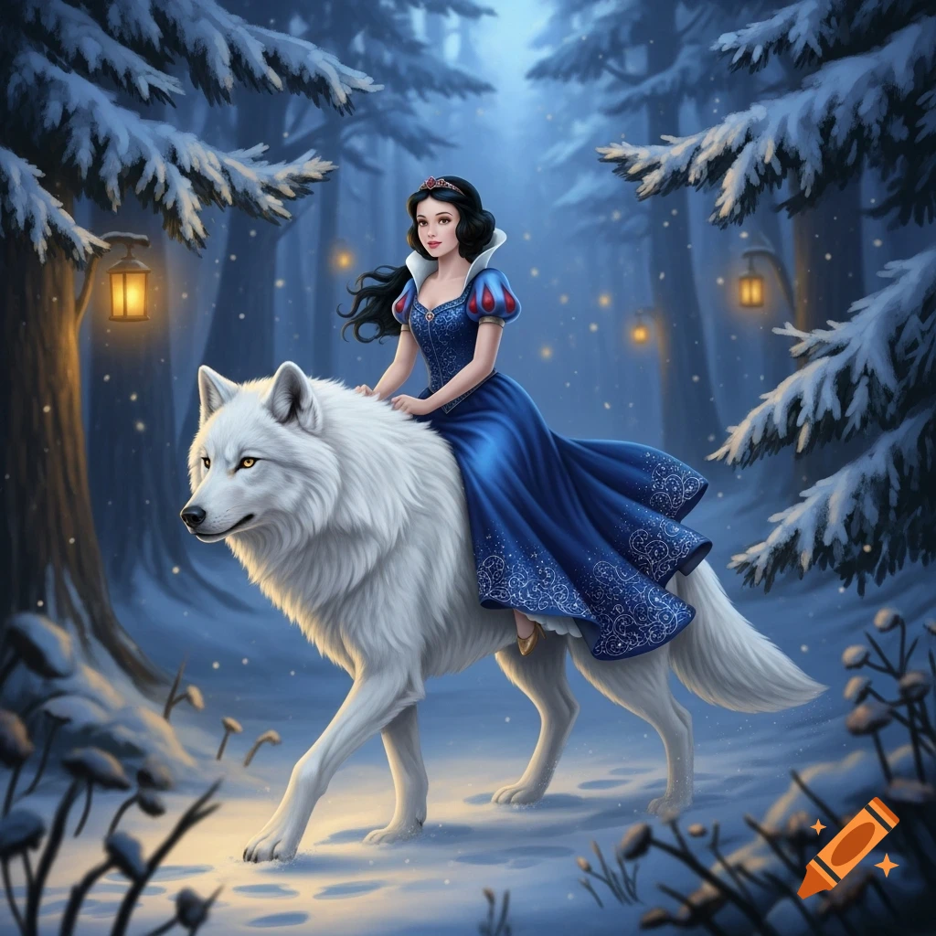 Snow White in a blue gown riding a white wolf through a snowy forest with glowing lanterns, in a fantasy art style.