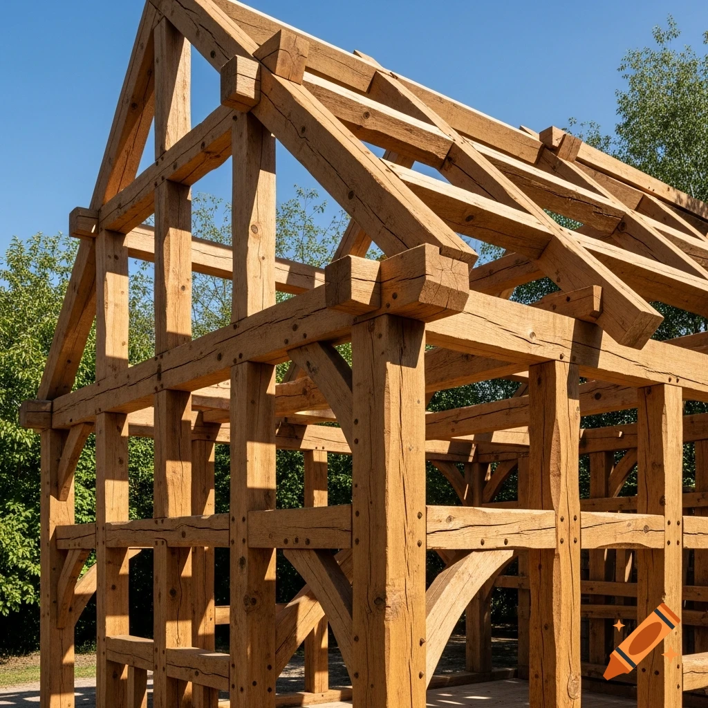 A detailed, photorealistic view of a newly constructed wooden timber frame house structure under a clear blue sky.