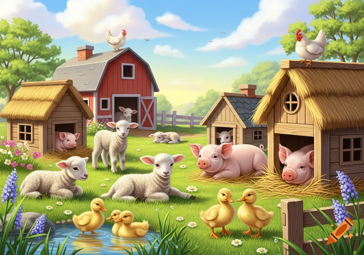 A cheerful cartoon farm scene with baby lambs, pigs, ducks, and chickens around various farm buildings on a sunny day.