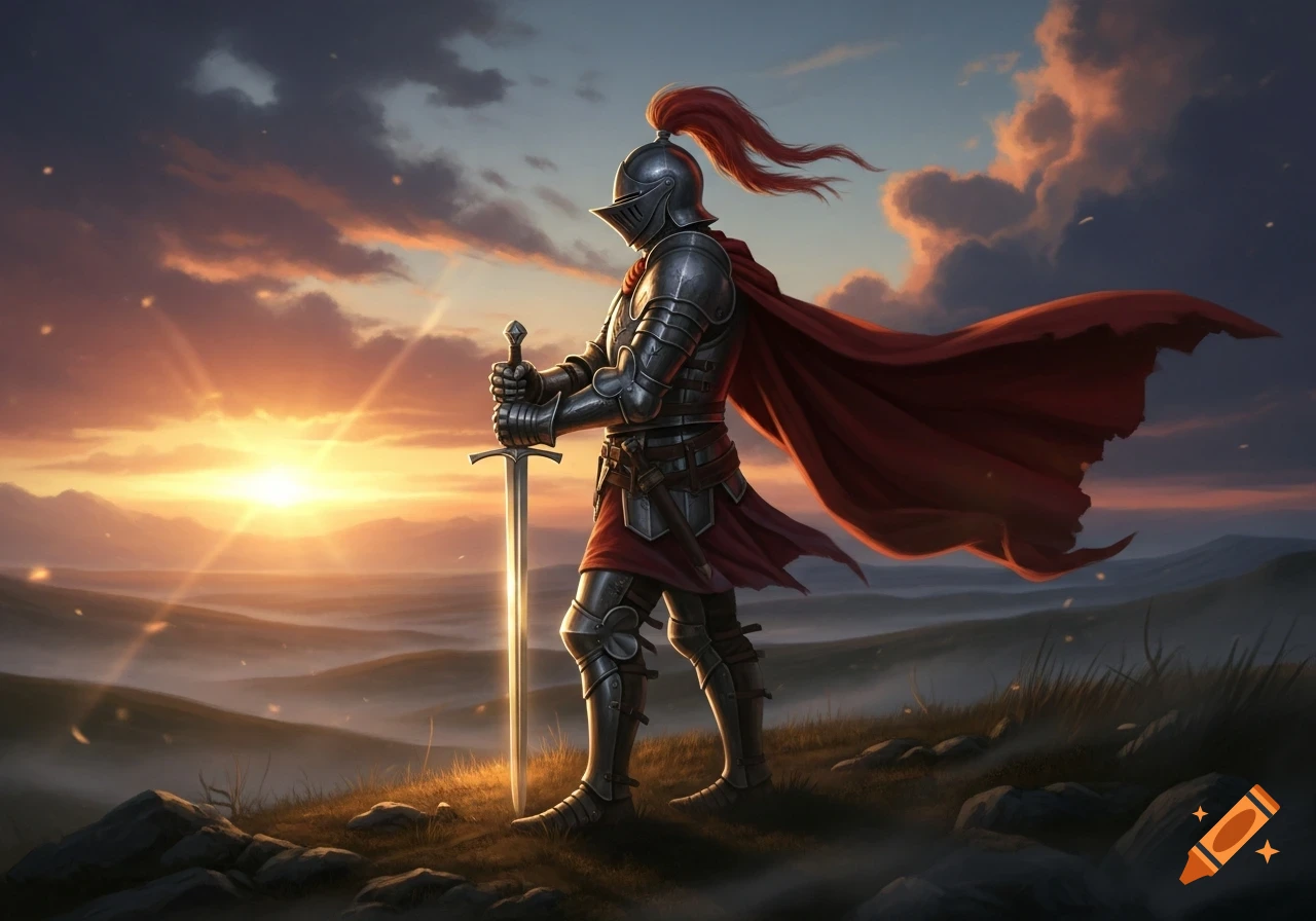 A knight in full armor, with a red cape, stands on a hill holding a sword as the sun sets over a misty landscape.