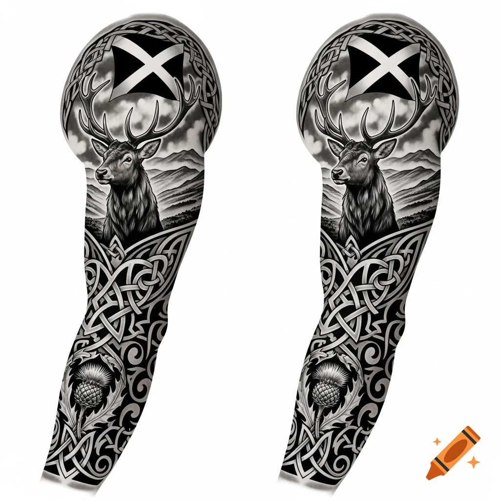 Black and white Scottish arm sleeve tattoo design featuring a stag, thistle, Scottish flag, and intricate Celtic knotwork.