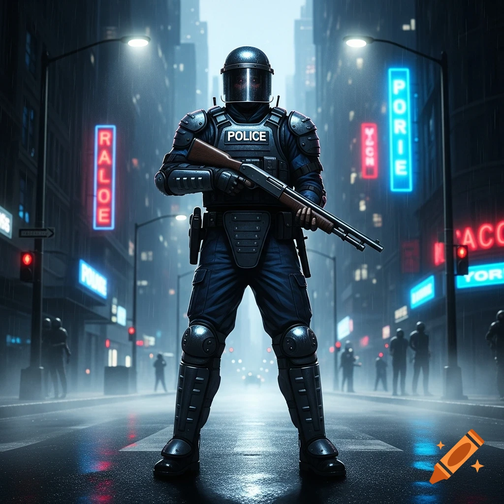 A riot police officer in heavy armor holds a shotgun on a wet, rainy cyberpunk-style city street with glowing neon signs.