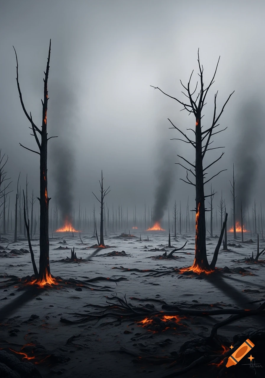 A desolate landscape of a burned forest with bare, charred trees, some glowing with orange embers at their bases, under a smoky, gray sky.