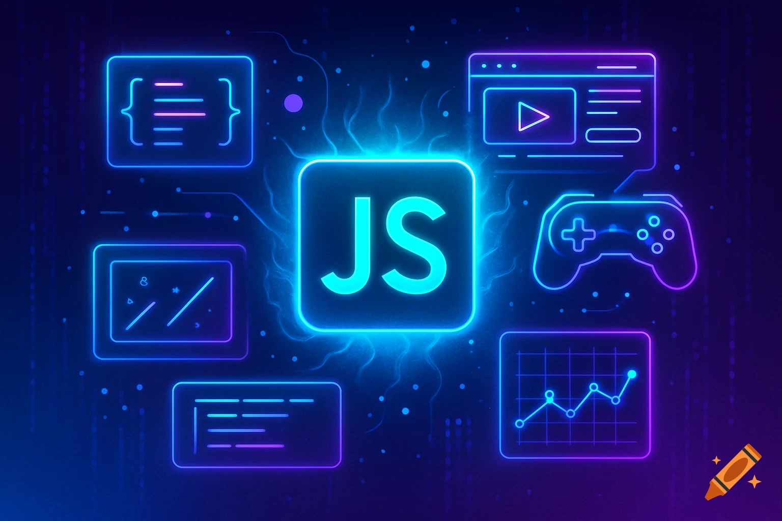 A vibrant, neon-lit illustration with a glowing 'JS' symbol at the center, surrounded by icons for coding, web browsers, gaming, and data analysis.