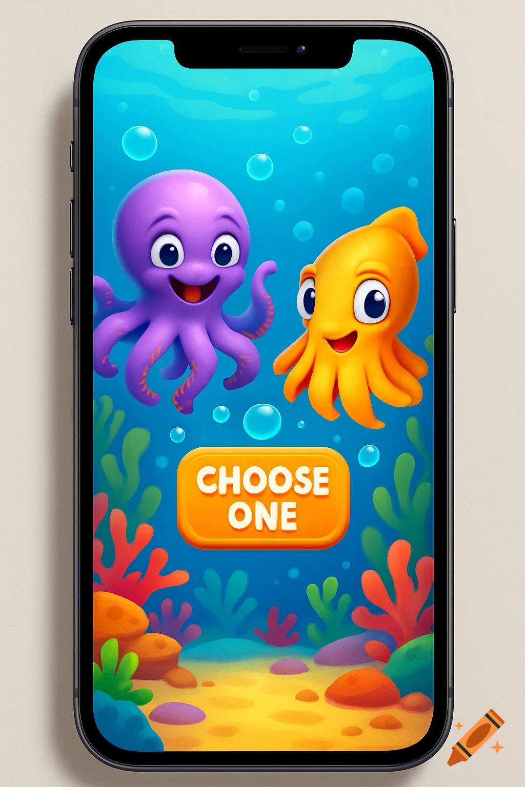 Smartphone displaying a colorful 3D cartoon mobile game interface with a purple octopus, orange cuttlefish, and a 'CHOOSE ONE' button underwater.