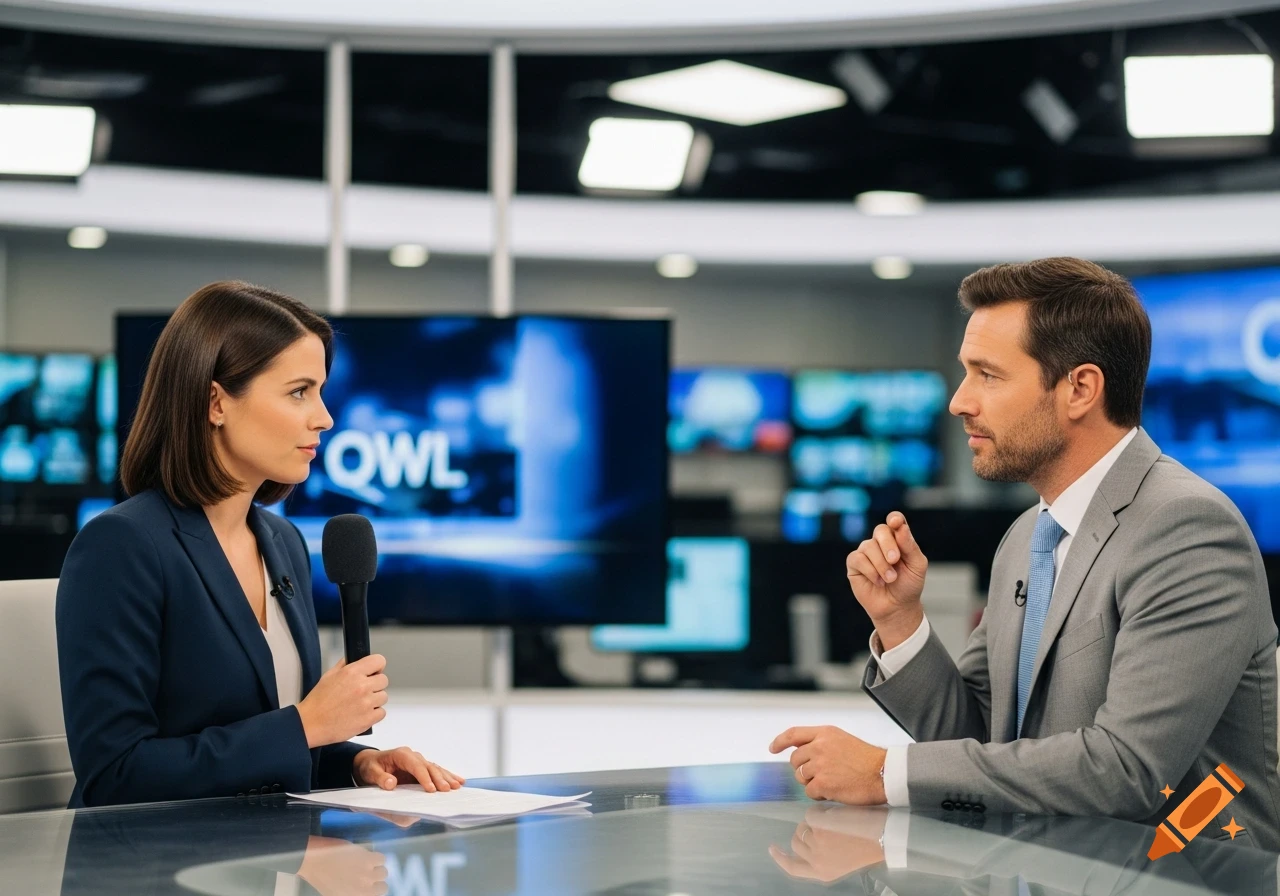 A female interviewer holds a microphone and looks at a male interviewee gesturing in a modern TV news studio.