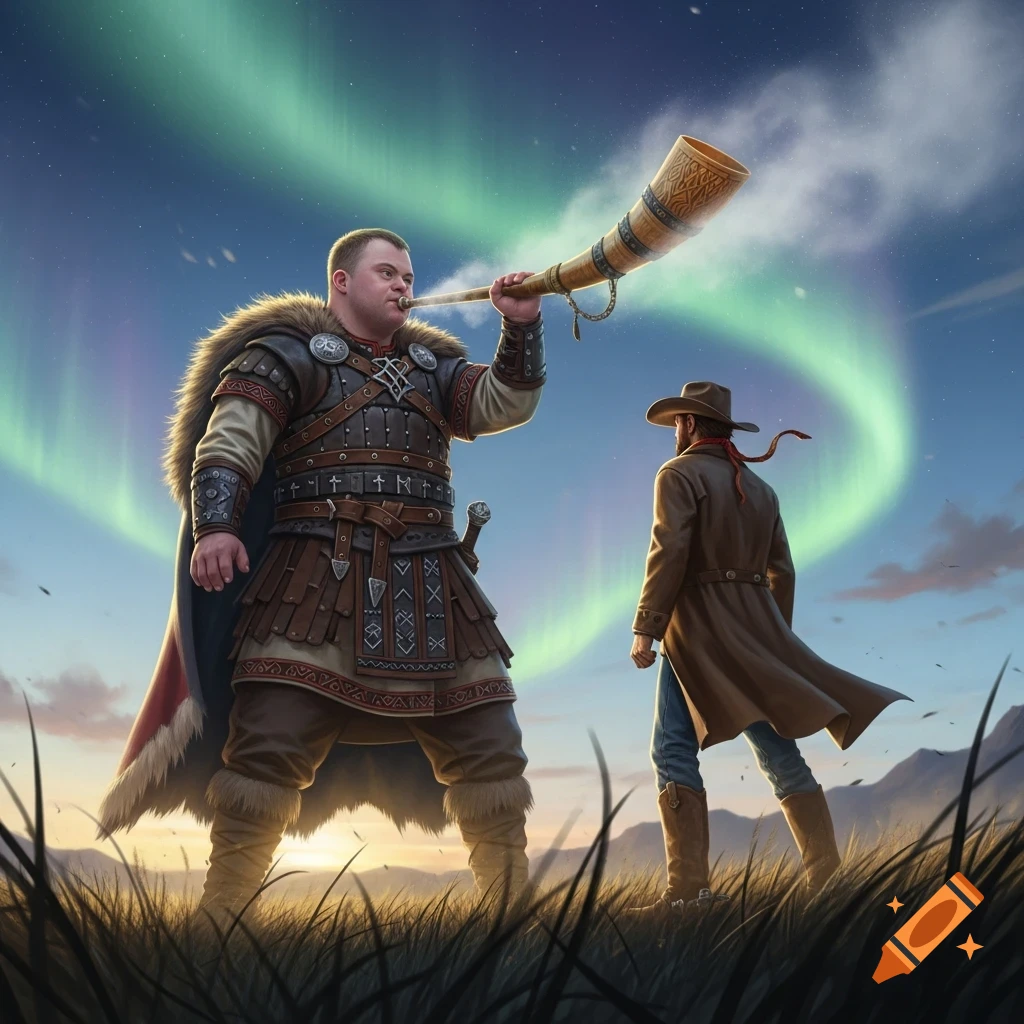 A Viking-like man with Down syndrome blows a horn towards a cowboy in a field under the aurora borealis.