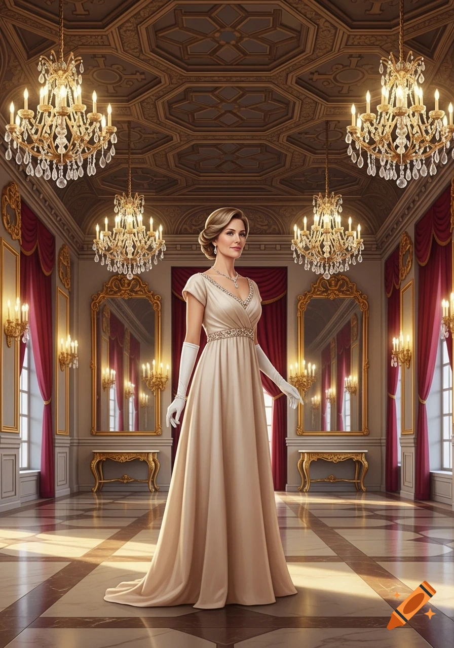 An elegant woman in a champagne gown and white gloves stands in a grand ...