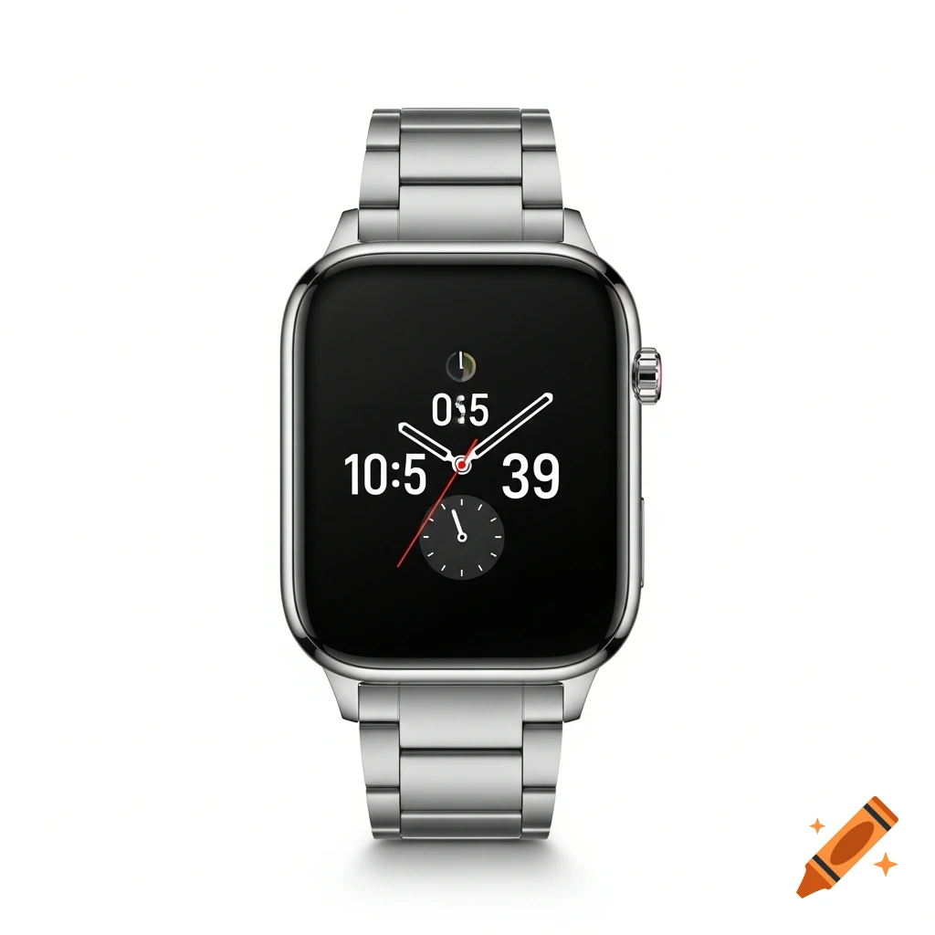 Sleek silver smartwatch with a black digital display showing 10:5 time, on a white background in photographic style.