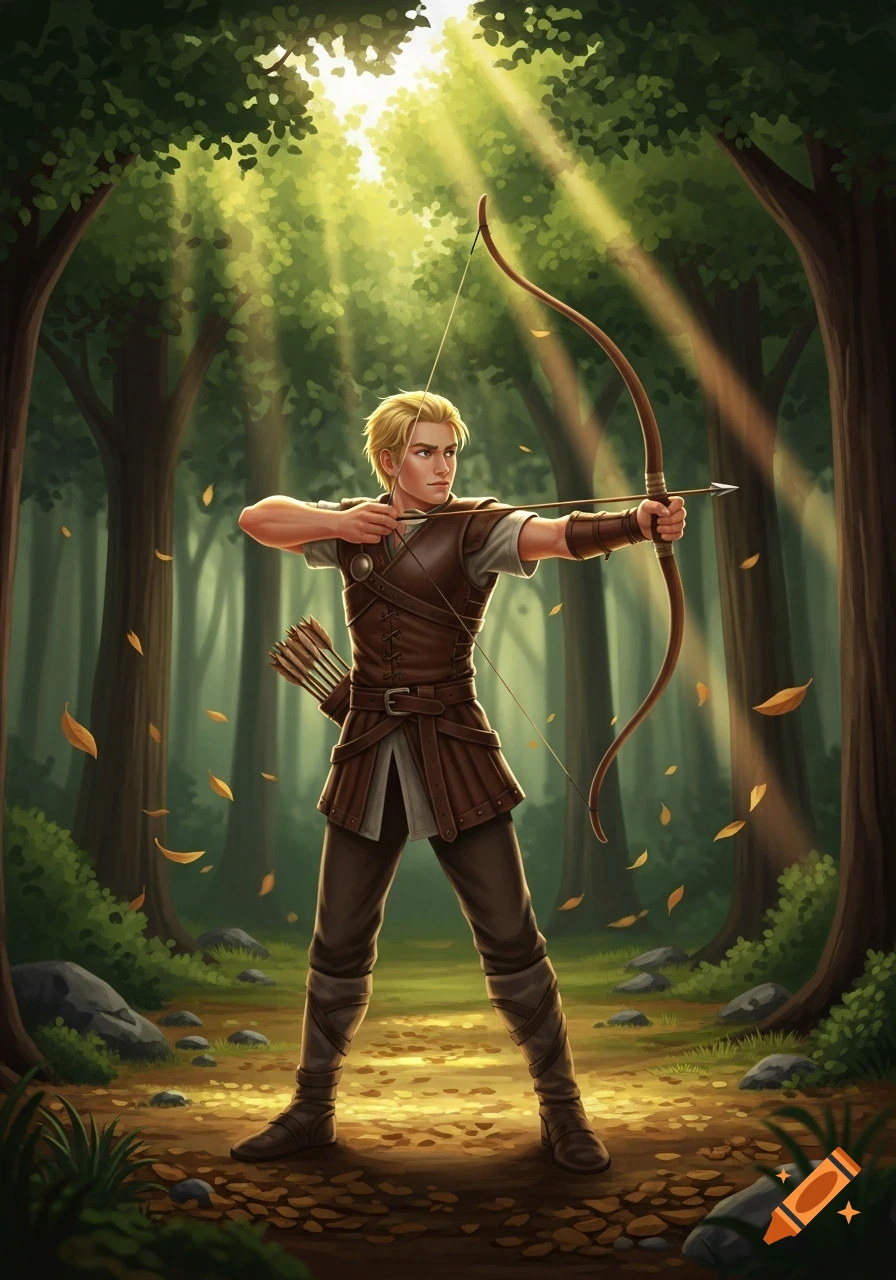 A blond archer in a forest draws a bow with an arrow, bathed in sunbeams filtering through the trees, in an illustrated style.