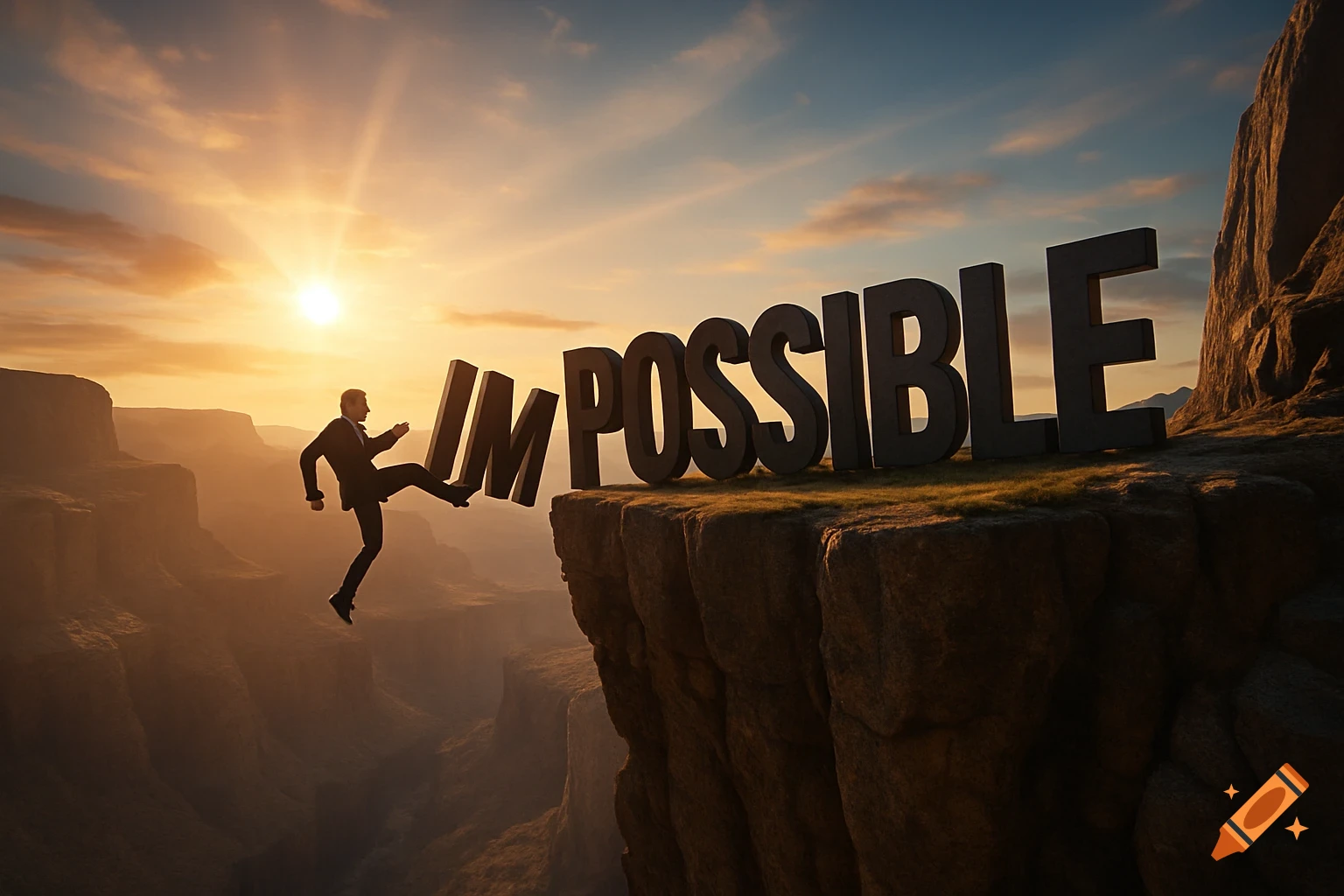 A silhouetted businessman kicks the 'IM' from 'IMPOSSIBLE' off a cliff, leaving 'POSSIBLE' at sunrise.