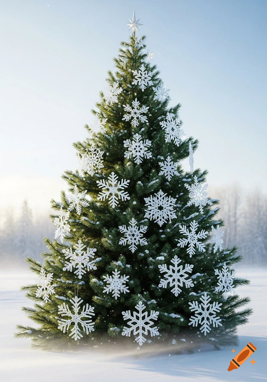 A festive Christmas tree adorned with white snowflake ornaments stands ...