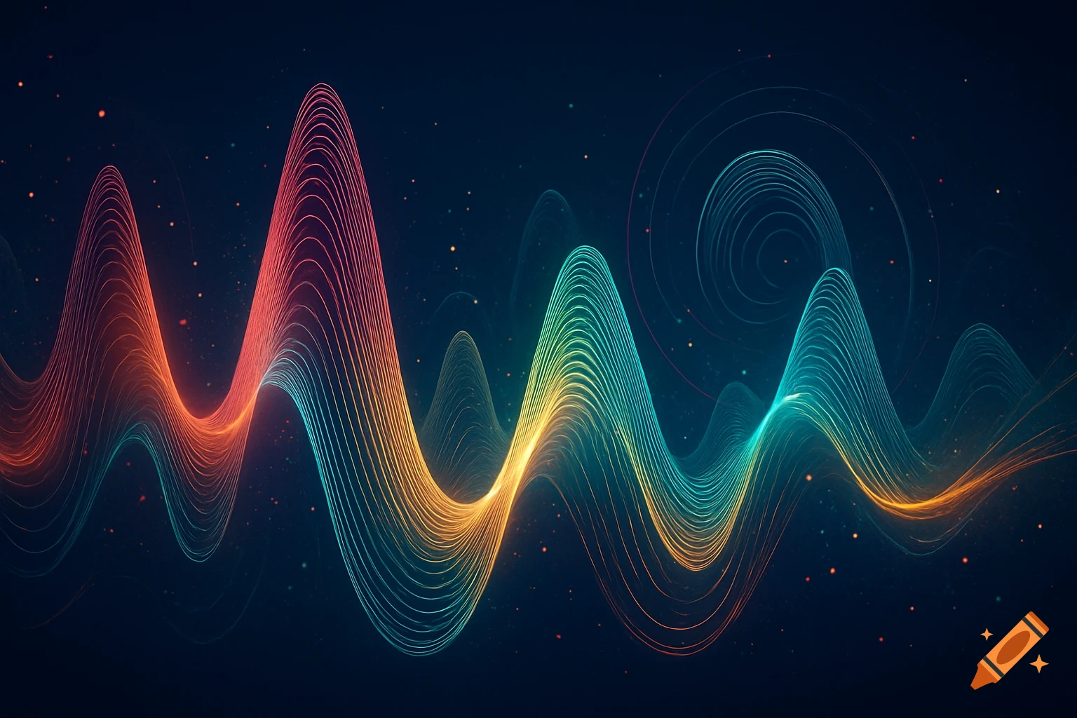 Colorful, glowing abstract sound waves on a dark background with scattered light particles.