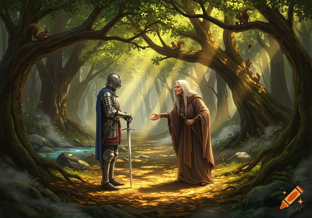 A knight in armor converses with an old woman on a sun-dappled forest path, with squirrels on trees in a detailed fantasy illustration.