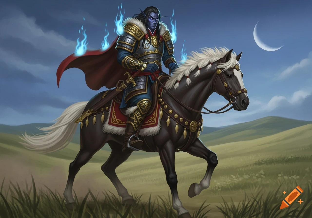 A drow dark elf male in Mongol armor with blue flames on his shoulders rides a dark horse across grassy hills under a crescent moon.