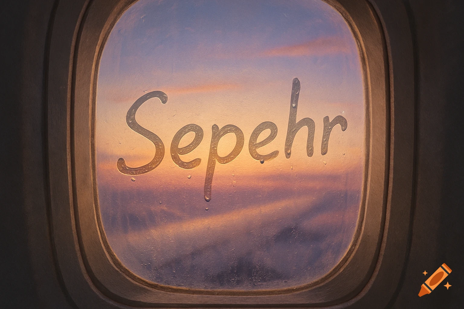 Photorealistic view from an airplane window at sunset with the name 'Sepehr' written in condensation on the glass.