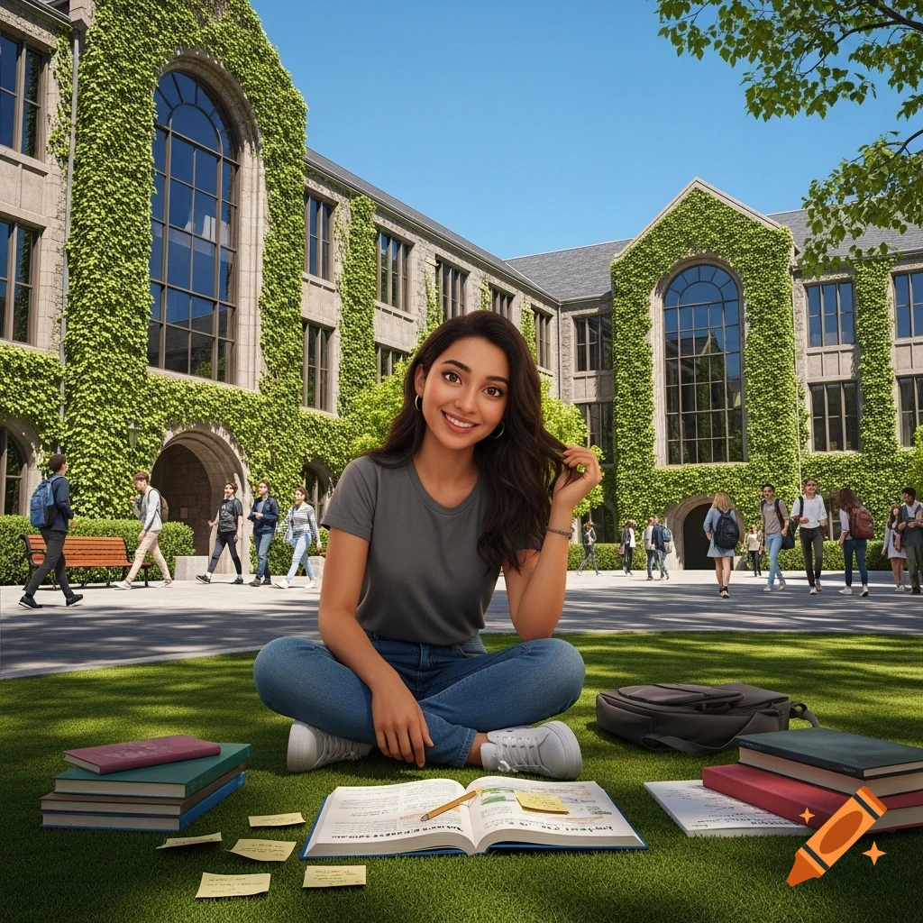 A smiling Latina college student sits cross-legged on a grassy campus lawn, studying with books and notes, with ivy-covered buildings in the background.