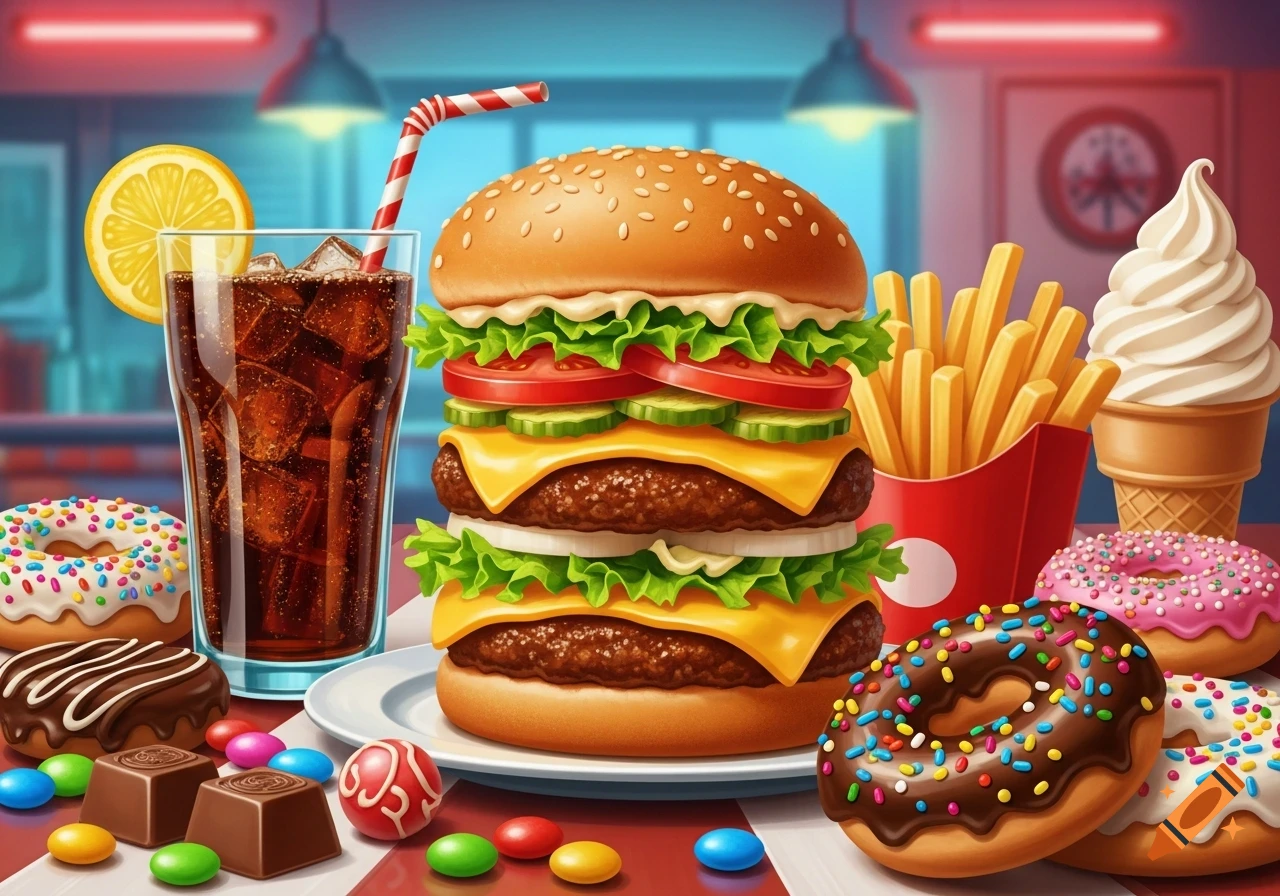 A stylized, colorful spread of fast food including a double cheeseburger, french fries, soda, donuts, chocolates, and ice cream.