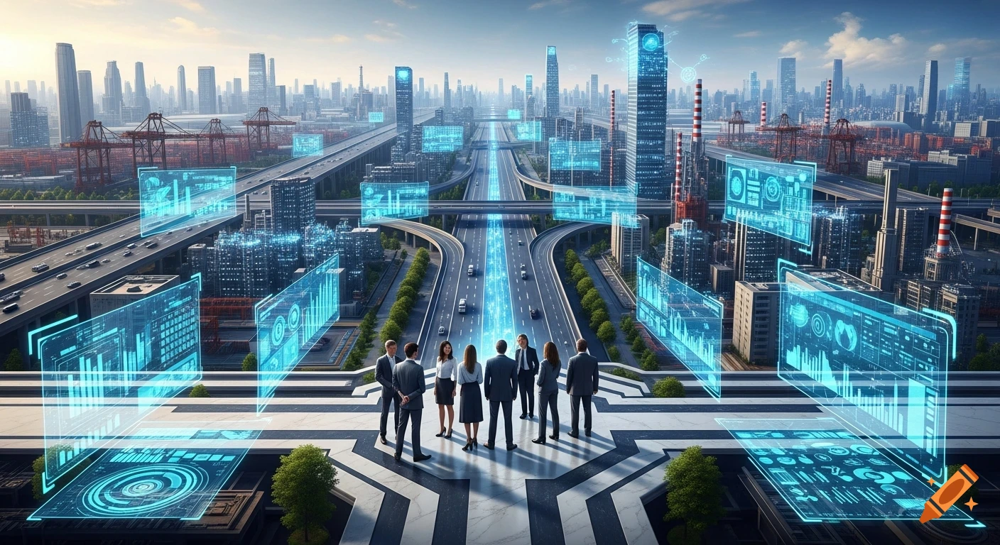 Business executives overlook a futuristic smart city with holographic data displays, highways, skyscrapers, and industrial complexes.