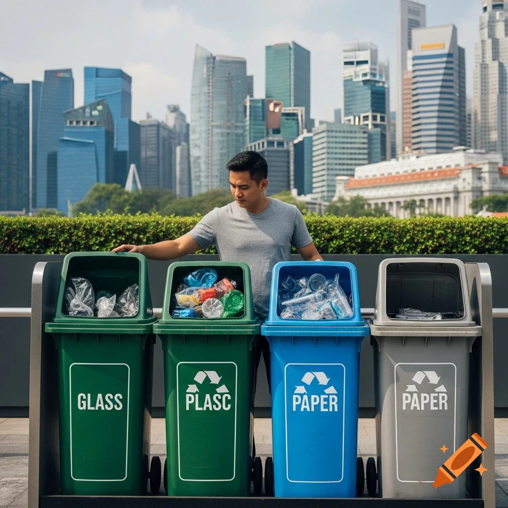 A man sorts rubbish into four recycling bins for glass, plastic, and paper, with a modern city skyline in the background.