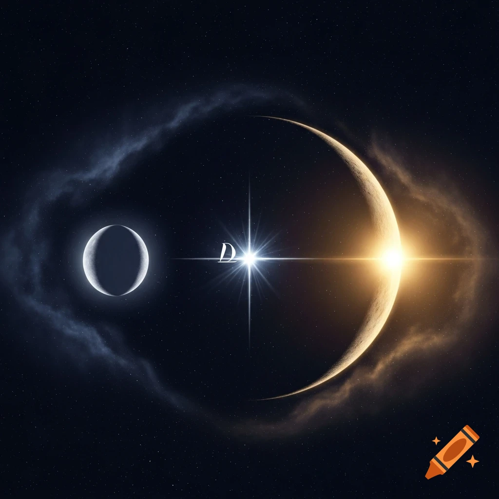 A dark starry night sky featuring a crescent moon on the left, a bright luminous Delta symbol in the center, and a glowing sun on the right.