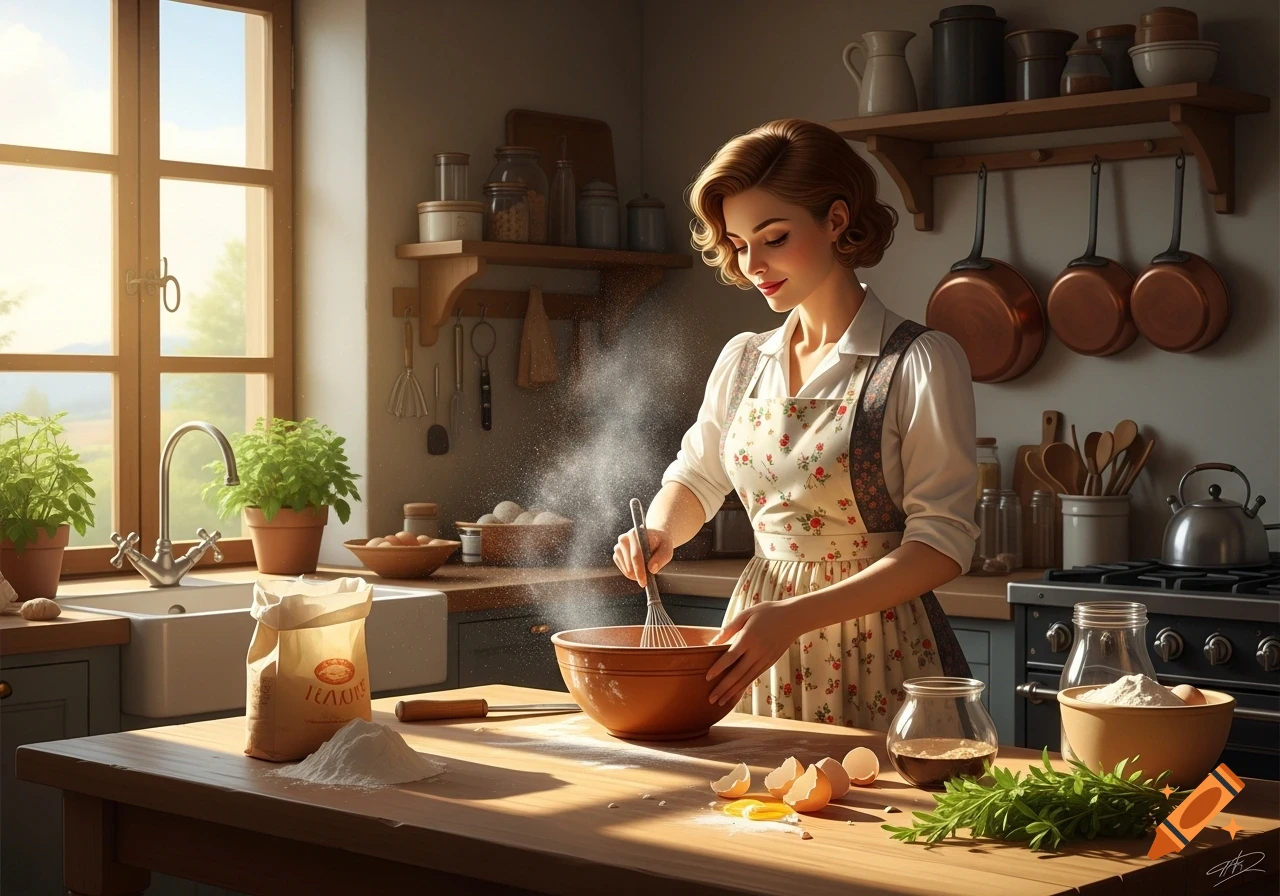 A bobcut woman bakes in a sunlit kitchen, whisking ingredients in a bowl with flour and eggs on a wooden counter.