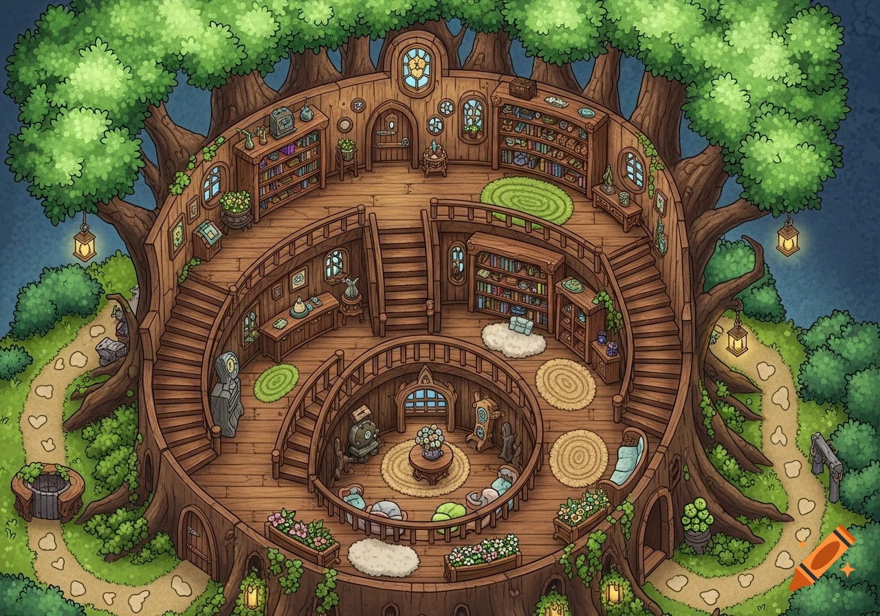 Isometric illustration of a multi-level hollow tree interior with winding stairs, bookshelves, furniture, and outdoor paths.