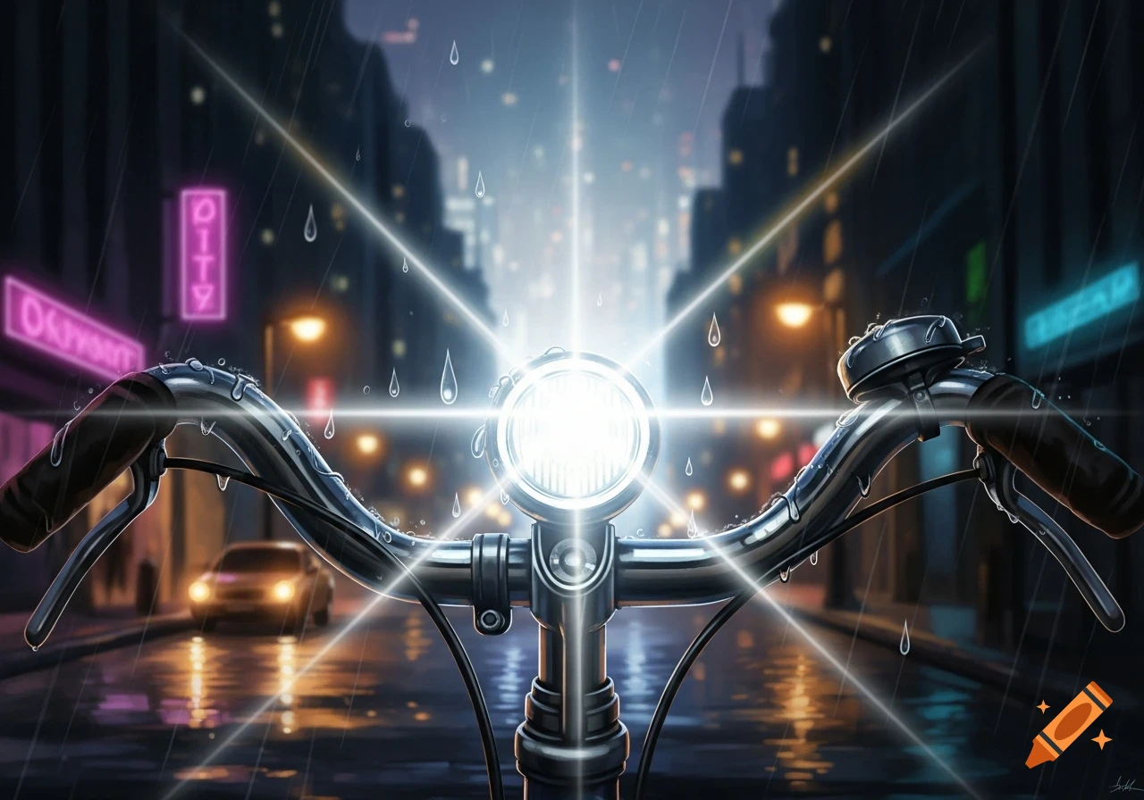 A close-up, low-angle view of a bicycle's handlebars and bright headlight on a rainy city street at night, with neon signs in the blurry background.