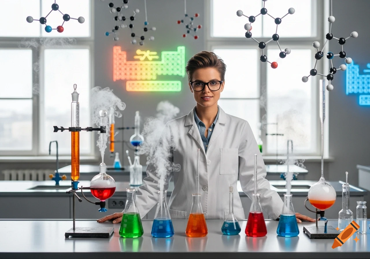 A female scientist in a lab coat and glasses smiles while standing in a chemistry lab with colorful liquids, beakers, and glowing molecular models.
