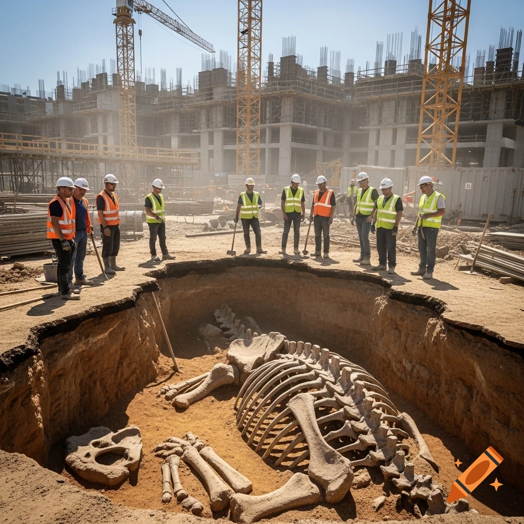 Construction workers examine a large dinosaur skeleton unearthed in a pit on a dusty building site with cranes.