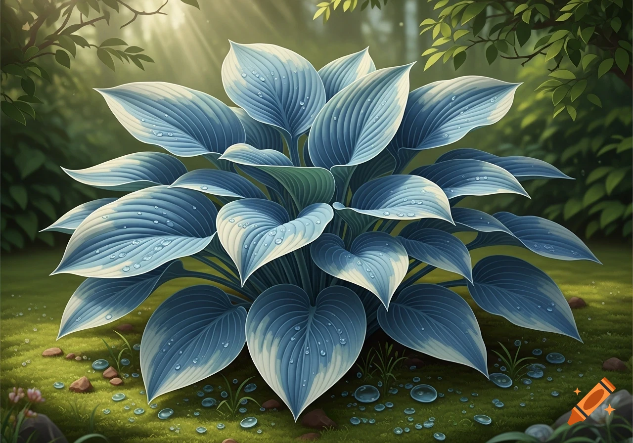 Blue hosta plant with water droplets in a lush, sunlit garden, rendered in a detailed, stylized manner.