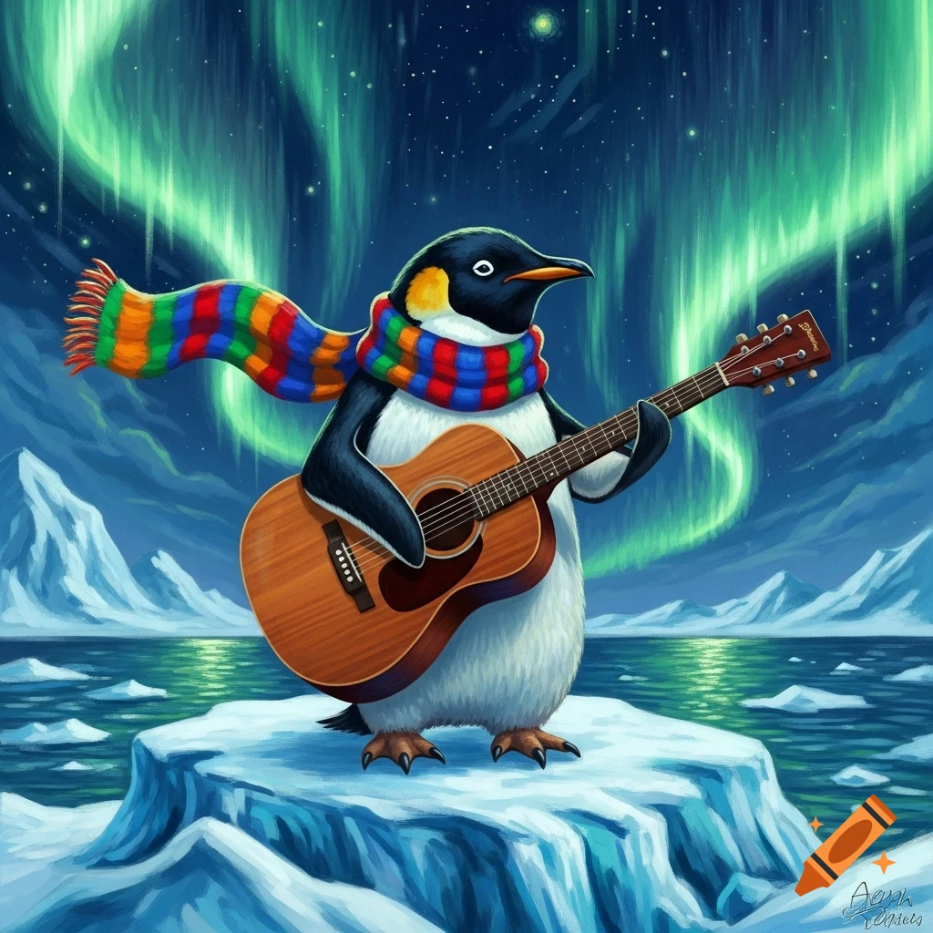 A painterly image of a penguin wearing a colorful scarf, playing an acoustic guitar on an ice floe under the vibrant green aurora borealis.