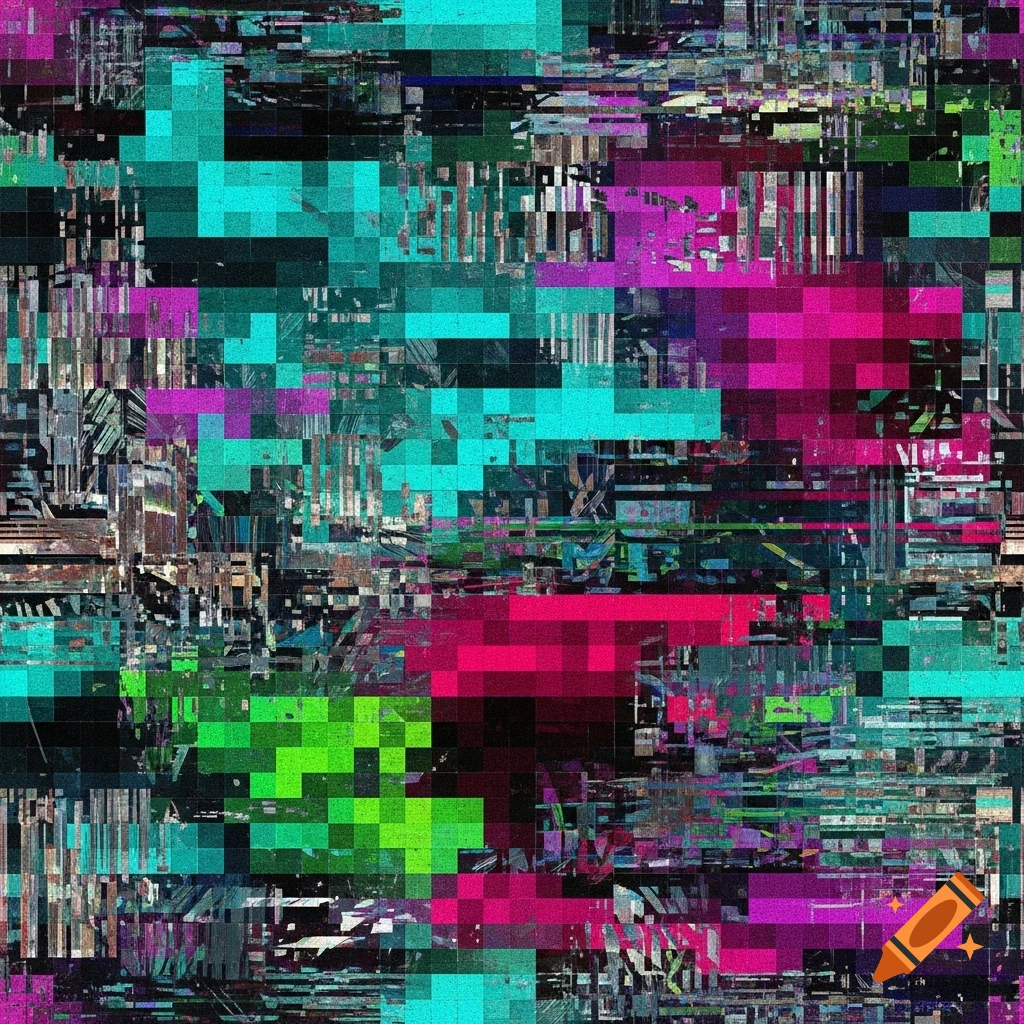 Abstract glitch art pattern with bright turquoise, magenta, and green blocks mixed with darker, textured fragments.