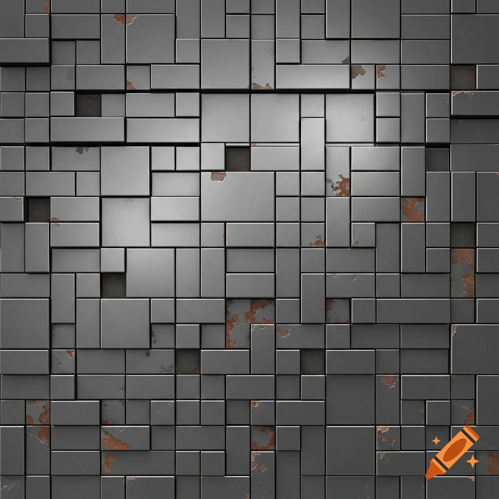 A seamless pattern of metallic, rectangular tiles in various sizes, showing patches of rust and wear.