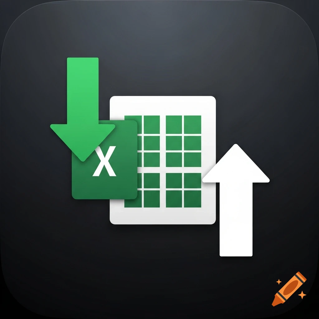 App icon with a green download arrow, a green Excel symbol with an 'X', a white spreadsheet with green cells, and a white upload arrow on a dark background.