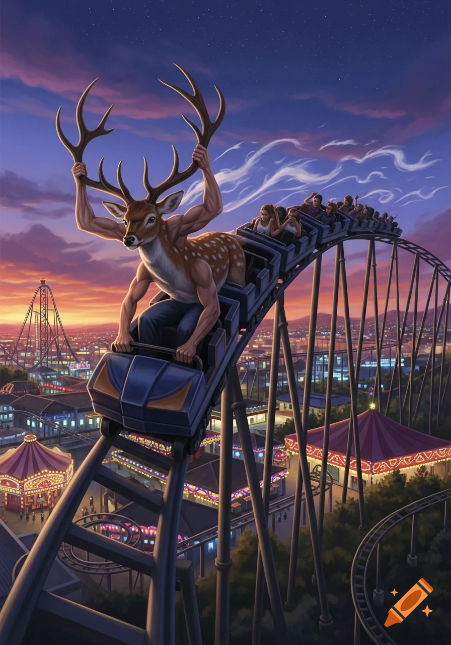 A muscular deer with human arms holding its antlers rides the front car of a rollercoaster in an amusement park at sunset.