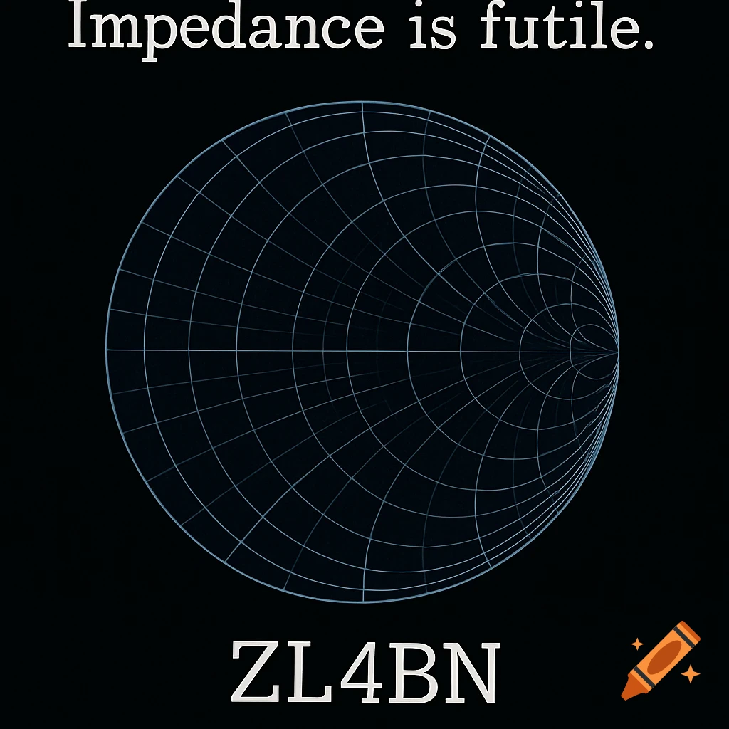 A dark image with a Smith Chart in the center. Above it reads "Impedance is futile." and below, "ZL4BN".