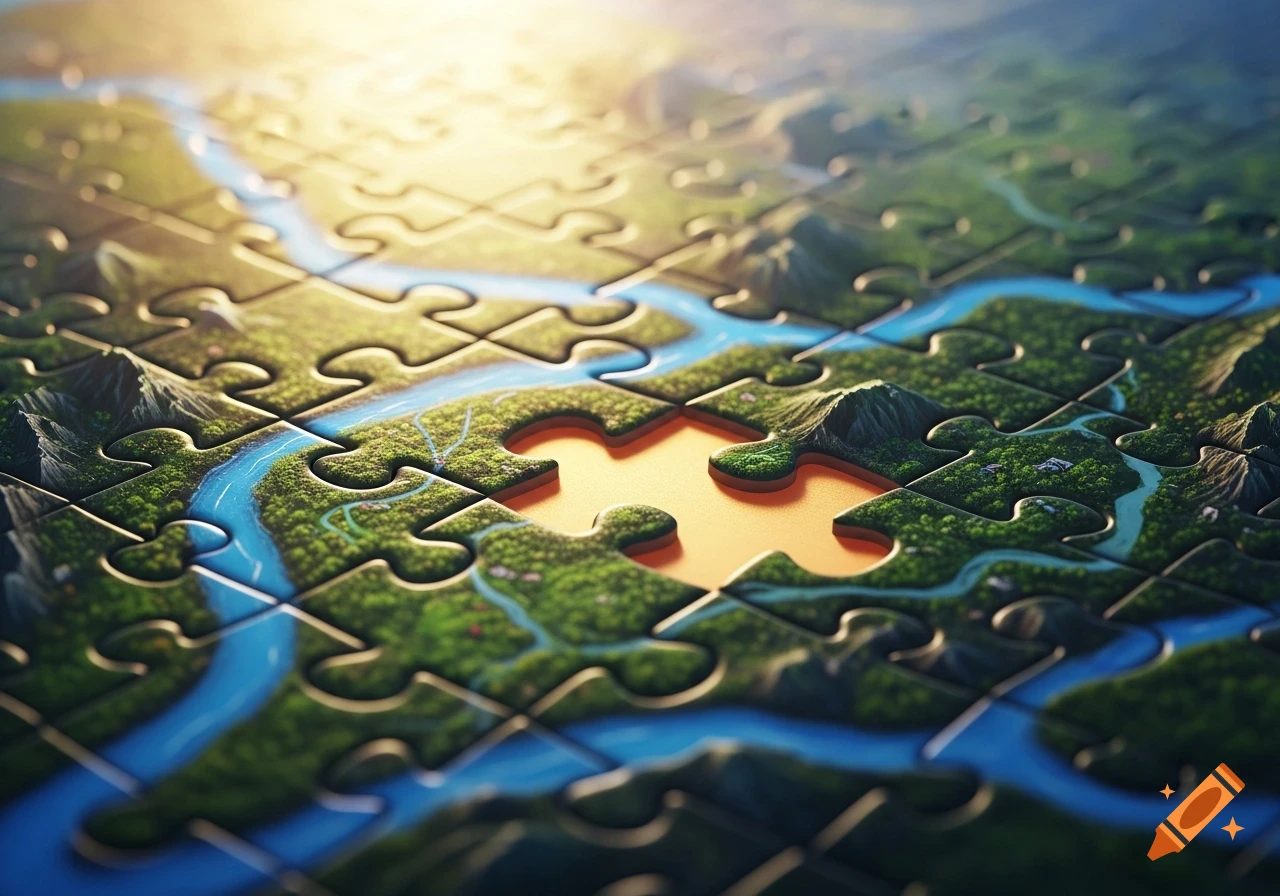 Close-up of a detailed landscape jigsaw puzzle with one orange piece missing, showing rivers, forests, and mountains under sunlight.