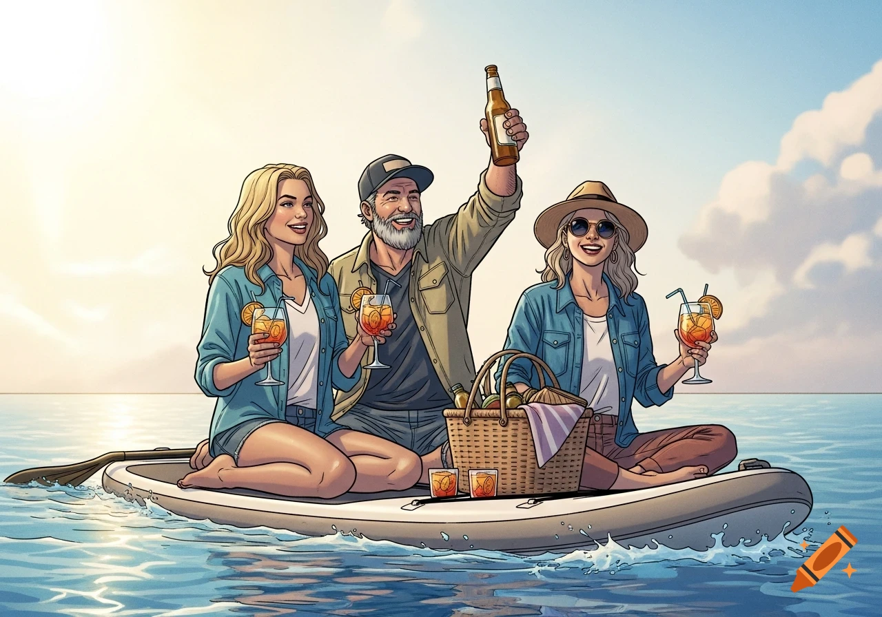 Three people, a man, and two women, on a paddleboard in calm water. The man holds a beer, and the women hold Aperol spritz. Marvel comic art style.