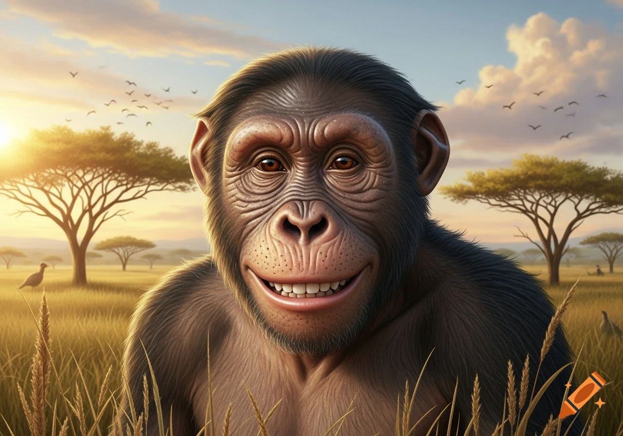 Close-up of a smiling Australopithecus in a sunny African savanna with acacia trees and birds.