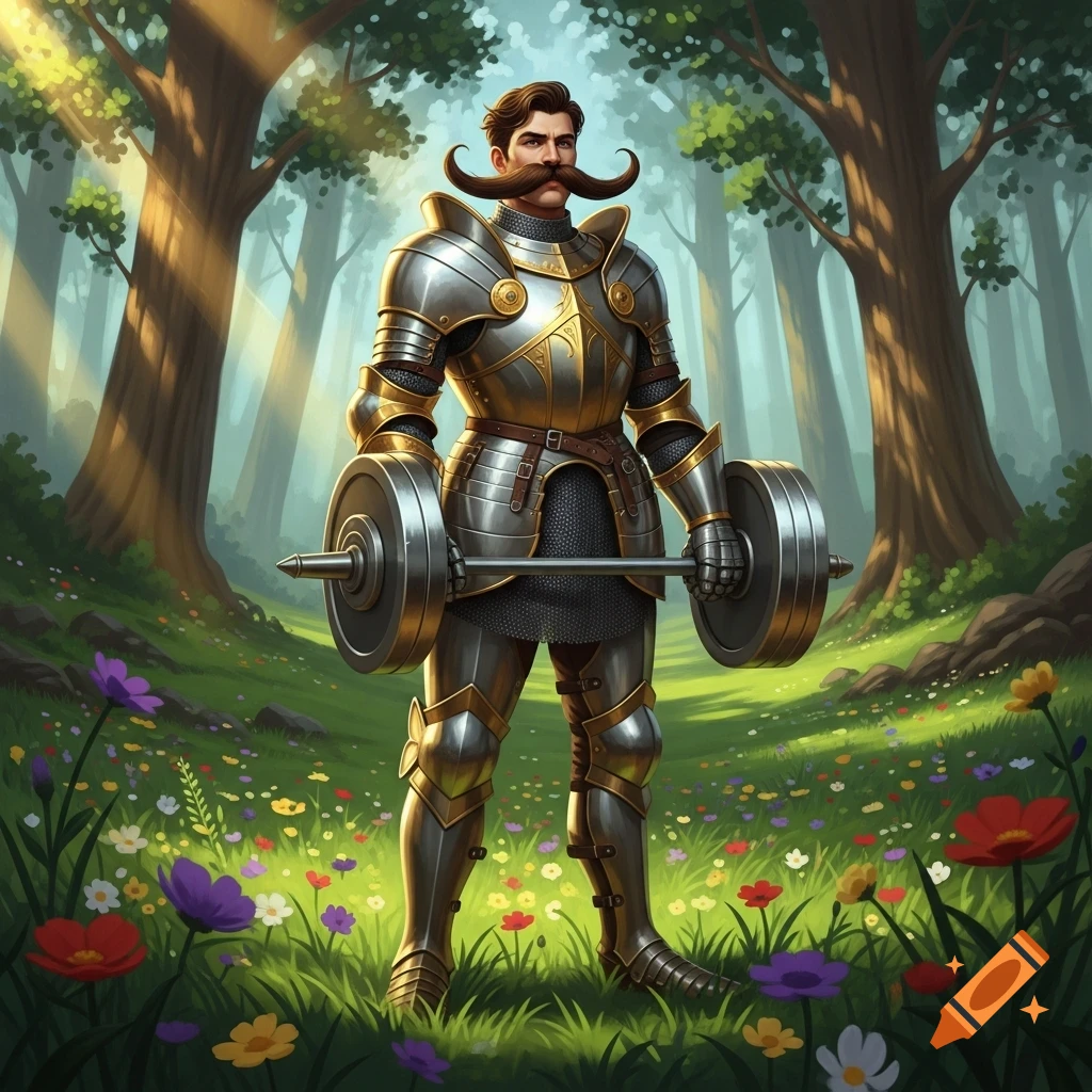 A knight in ornate golden armor with a large curly mustache stands in a sunlit forest, holding a barbell.